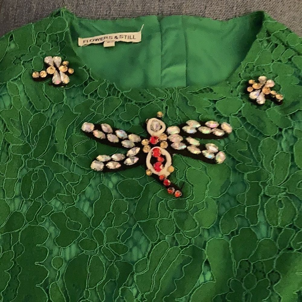 Flowers & Still Girls Green Lace Dress Embellished with a Crystal Firefly. Sz 8. - Picture 6 of 8